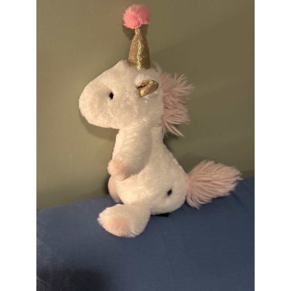 Unicorn White Plush Birthday Pony Horse Stuffed Animal FAO Schwarz Gold Hat